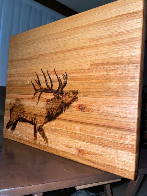 Woodburned Charcuterie Board, Elk Wood Burning, Wood Burning Fishing Ideas, Wood Burning Drawings, Western Pyrography, Cow Wood Burning, Wood Burned Charcuterie Board, Elk Bugling, Fishing Aesthetic