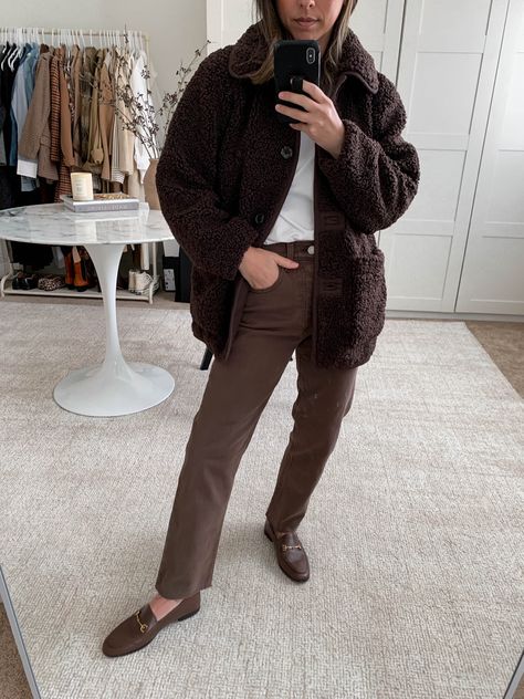 Teddy sherpa jacket curated on LTK Brown Sherpa Jacket Outfit, Brown Sherpa Jacket, Sherpa Jacket Outfit, Sam Edelman Loafers, Brown Loafers, Jacket Outfit, Teddy Coat, Sherpa Jacket, Jeans For Sale