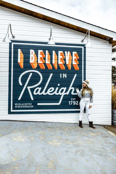 Visiting Raleigh, NC? Here is your guide to the most photo-worthy and instagrammable murals you shouldn't miss! This Raleigh mural guide includes all of the top Raleigh murals that are photo-worthy! #Raleigh #instagramspots Raleigh Murals | Raleigh Street art | Raleigh North Carolina | Raleigh NC travel | North Carolina Travel | Raleigh Instagram spots | Raleigh North Carolina things to do in | Raleigh photography | Raleigh photo ideas | Raleigh NC photography locations | Downtown Raleigh Country Farmhouse Exterior, London City View, Nc Photography, Diner Sign, Wall Signage, North Carolina Travel, Downtown Raleigh, Raleigh North Carolina, Murals Street Art