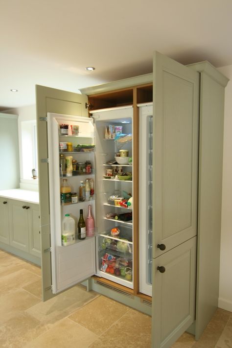 In Built Fridge, Fridge Freezer Built In, Fridge Outside Kitchen, Cottage Kitchen Fridge, Larder Fridge And Freezer, Built In Fridge And Freezer, Fridge Disguised As Cabinet, How To Make A Fridge Look Built In, Fridge In Utility Room