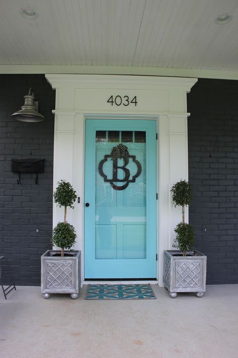 White Storm Door, Wood Beadboard, Hydrangea House, Accent Door, Accent Wall Entryway, Turquoise Color Scheme, Turquoise Door, Accent Wall Stencil, Nursery Accent Wall