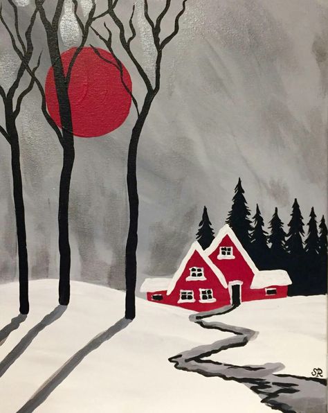 Winter Painting Ideas, Winter Scene Paintings, Winter Paintings, Diy Christmas Paintings, Christmas Canvas Art, Christmas Artwork, Christmas Card Art, Art Winter, Winter Painting