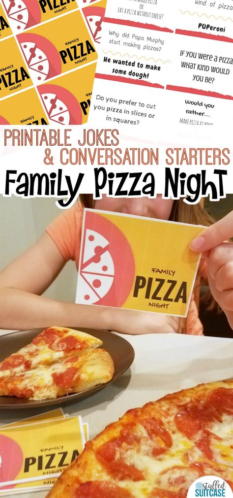 Pizza is popular for busy family nights, add these free printable conversation starters and jokes to make your pizza night a family fun night! Pizza Night Family, Family Pizza Night Ideas, Pizza Activities, Pizza Dinner Party, Pizza Party Games, Kids Pizza Party, Fun Pizza Recipes, Family Pizza Night, Italy Party