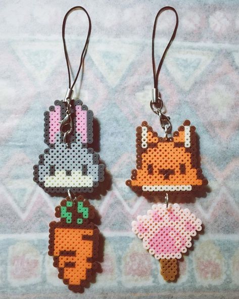 Bunny Rabbit Fox Carrot Paw Key Rings Perler Hama Beads Melt Beads Patterns, Hamma Beads Ideas, Pixel Beads, Pearl Beads Pattern, Easy Perler Beads Ideas, Art Perle, Hama Beads Design, Perler Bead Templates, Diy Perler Bead Crafts