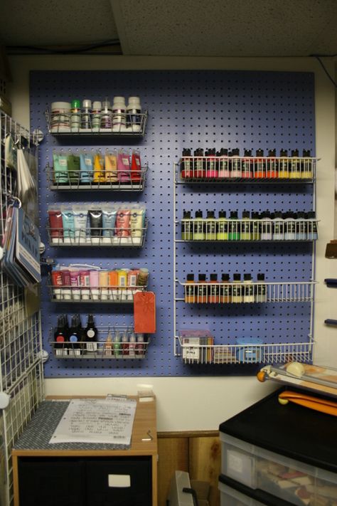 organizing paint                                                                                                                                                                                 More Tattoo Shop Organization, Tattoo Storage Ideas, Tattoo Studio Organization, Tattoo Room Ideas, Ikea Baskets, Organized Craft Room, Garage Art Studio, Tattoo Room, Home Art Studios