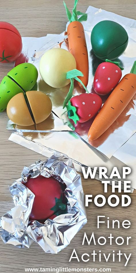 Wrap the Food - Fine Motor Activity. This is an easy way for toddlers and preschoolers to develop fine motor skills. Perfect if you're trying to teach kids about nutrition and healthy eating. #finemotor #toddlers #preschoolers Cook Activities For Preschool, Gross Motor Food Activities, Healthy Snack Activities For Preschool, Infant Activities Food Theme, Vegetable Montessori Activity, Healthy Food Fine Motor Activities, Tasting Activities Preschool, Vegetable Fine Motor Activities, Vegetable Crafts For Preschoolers