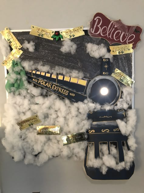 Bulletin Board ideas Polar express Train Christmas Bulletin Board Ideas Polar Express, The Polar Express Bulletin Board Ideas, Christmas Train Bulletin Board Ideas, Polar Express Train Door Decorations, Polar Express Trunk Or Treat Ideas, Polar Express Wall Decorations, Polar Express Wreath, Polar Express Display, Polar Express Window Display