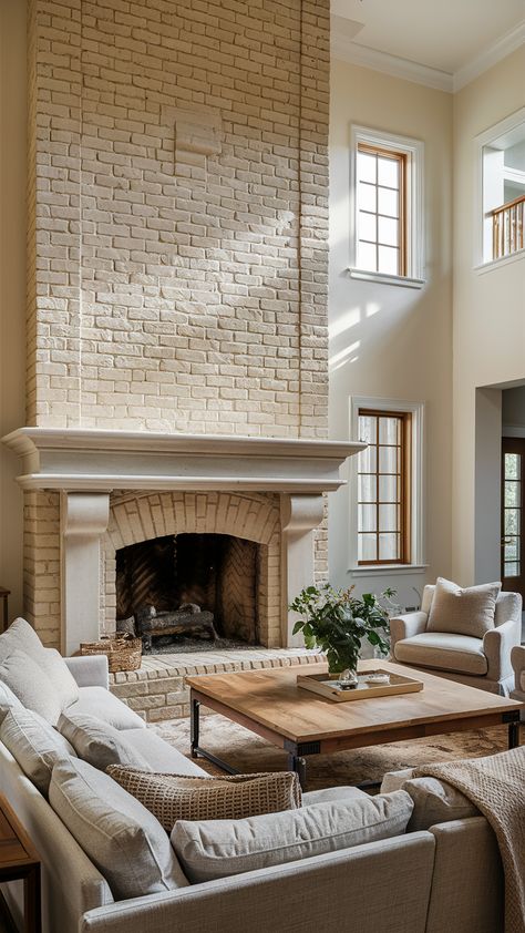 29+ Painted Brick Fireplaces That Add Classic Farmhouse Coziness - My Modern Cave Redoing Fireplace Ideas Brick, Large White Brick Fireplace, Tan Painted Brick Fireplace, Painting Over Brick Fireplace, Renovated Brick Fireplace, Historic Brick Fireplace, Built In Brick Fireplace, Tumbled Brick Fireplace, Brick Facade Fireplace