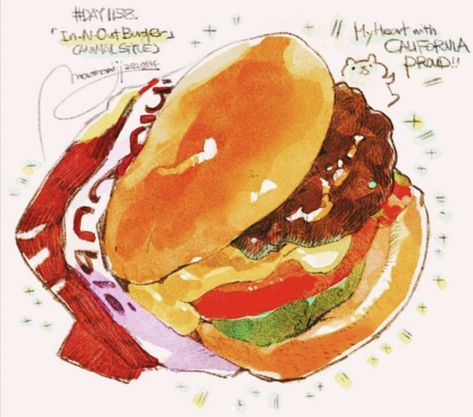 Food Drawing Reference, Japanese Burger, Hamburger Drawing, Hamburger Art, Cute Infographic, Burger Illustration, Burger Drawing, Burger Art, Food References