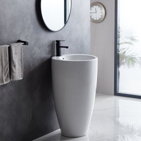 Eridanus 33.5" H White Ceramic Circular Pedestal Bathroom Sink with Overflow & Reviews | Wayfair Rounded Vanity Bathroom, Bathroom Pedestal Sink Ideas, Pedestal Sink Ideas, Small Pedestal Sink, Corner Bathroom Sink, Standing Sink, Modern Pedestal Sink, Bathroom Pedestal Sink, Pedestal Sink Bathroom