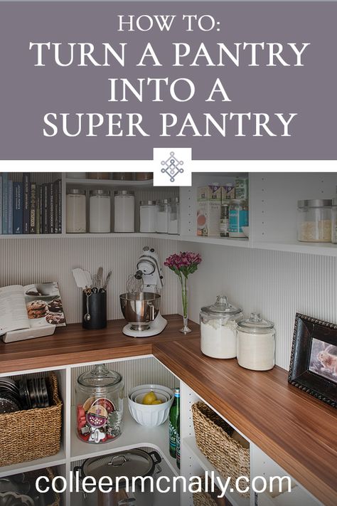 Turning Pantry Into Butler Pantry, Pantry With Cabinets And Counter, Coffee Bar In Pantry, Super Pantry, Butler Pantry Decor, Creating A Pantry, Pantry Display, Bulters Pantry, Corner Pantry Organization