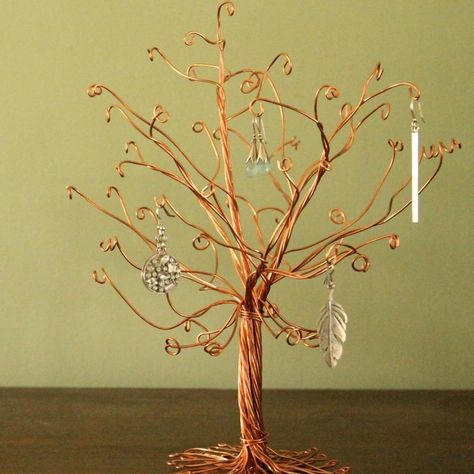 jewelry organizer copper wire tree Jewelry Tree Diy, Jewelry Tree Display, Jewelry Tree Stand, Travel Bracelet, Accessory Organizer, Wire Wall Art, Bracelet Holder, Copper Wire Lights, Wire Tree Sculpture