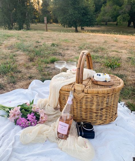 Picnic for two wine flowers wicker basket Polaroid photos blanket charcuterie Picnic Photoshoot Props, Flowers In Picnic Basket, Picnic Basket Flowers, Cottage Core Photoshoot, Engagement Picnic, Cake Picnic, Wine And Flowers, Picnic Engagement Photos, Pink Picnic