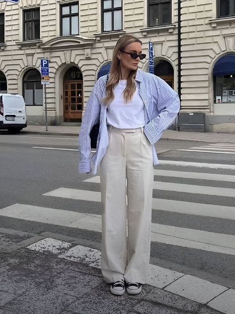 5 Best & Aesthetic Europe Travel Outfits Ideas Linen Trousers Outfit Spring, Causal Business Outfits For Women Summer, Beige Tailored Trousers Outfit, Cornflower Blue Pants Outfit, Tailored Linen Pants Outfit, Linen Tailored Pants, Beige Tailored Pants Outfit, Outfit To Go To The Movies, Light Trousers Outfit