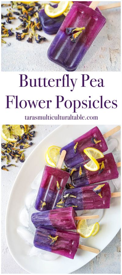 Butterfly Pea Flower Popsicles on a white platter with ice, lemon slices, and butterfly pea flowers. Butterfly Pea Flower Dessert, Butterfly Pea Flower Recipe, Butterfly Pea Recipe, Flower Popsicles, Herbal Popsicles, Blueberry Boba, Juice Cart, Paletas Recipes, Lemon Popsicles