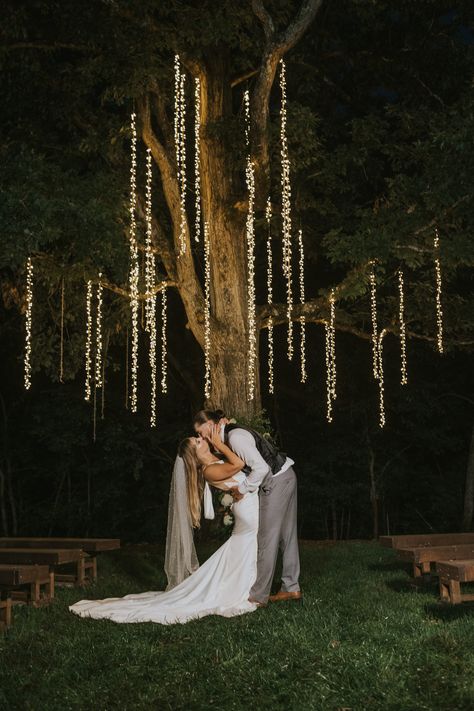 Fairy Lights in our Old Oak Tree in our Forest Garden Ceremony Site add romance at any time of day! #greenwoodoaks #forestgarden #ceremonysite #fairylights #treelights Fairy Lights In Trees Wedding, Wedding Under Tree With Lights, Wedding Under Tree, Wedding Under Trees, Tree With Fairy Lights, Forest Wedding Ceremony, Fairy Lights In Trees, Oak Tree Wedding, Wedding Tree Decorations