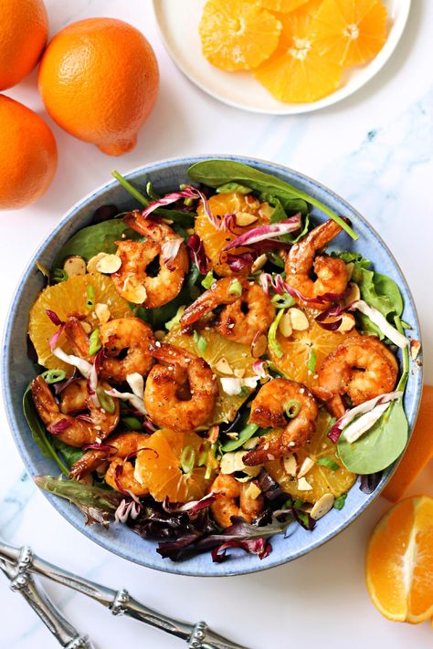 Asian-Inspired Orange Salad with Shrimp - The Kitchen Prep Blog Shrimp Orange Salad, Asian Salad With Shrimp, Asian Shrimp Salad, Orange Shrimp, Greek Taverna, Citrus Shrimp, Asian Chopped Salad, Mandarin Orange Salad, Salad With Shrimp