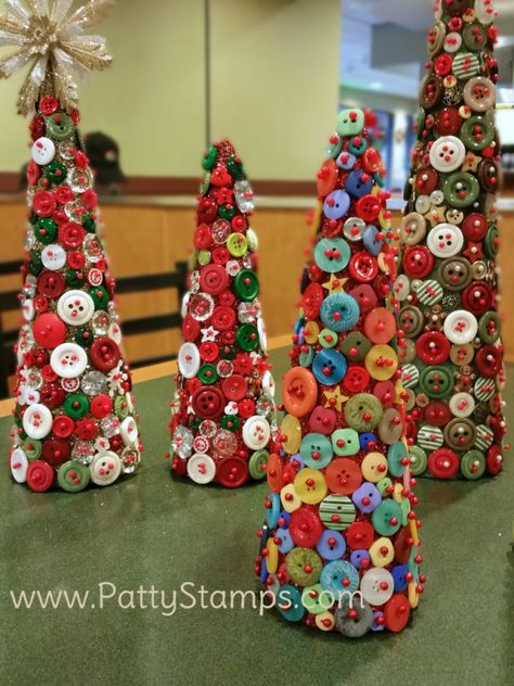 Button Christmas Trees featuring retired Stampin Up! buttons and styrofoam cones by Patty Bennett, Joy and Roxy Christmas Button Crafts, Button Trees, Buttons Crafts Diy, Button Tree, Christmas Buttons, Christmas Tree Crafts, Holiday Crafts Christmas, Christmas Ornament Crafts, Button Crafts