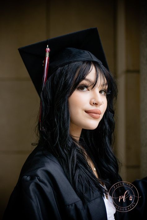 Cap and gown. Asheville, nc Cap And Gown With Bangs, Graduation Cap With Bangs, Hairstyles Graduation, Senior Portraits Yearbook, Grad Hairstyles, Graduation Hairstyles With Cap, Graduation Hair, Graduated Bob Haircuts, Grad Outfits