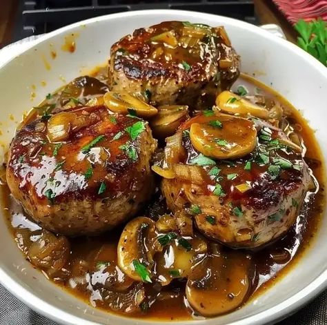 Bobby Flay Salisbury Steak – Naomi's Recipes Bobby Flay's Salisbury Steak, Bobby Flay Salisbury Steak Recipe, Bobby Flay Salisbury Steak, Salisbury Steak Recipe Crockpot, Ground Round Recipes, Hells Kitchen Recipes, Healthy Salisbury Steak, Baked Salisbury Steak, Canadian Meals