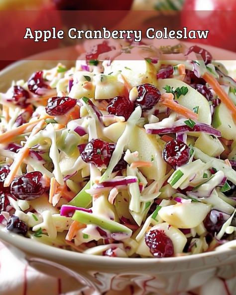 Apple Cranberry Coleslaw Apple Cranberry Salad Recipe, Apple Cranberry Coleslaw, Cranberry Coleslaw, Cranberries Recipes, Tangy Coleslaw, Apple Coleslaw, Sweet Dressing, Apple Slaw, Yummy Salads