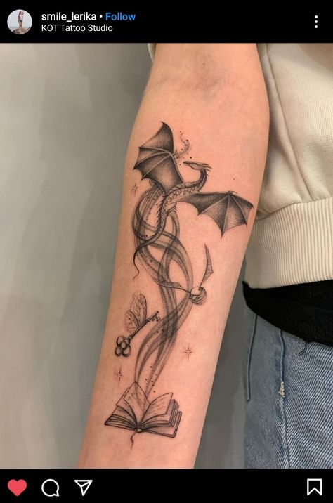 Fantasy Inspired Tattoo Sleeve, Cool Fantasy Tattoos, Dragon Book Tattoo For Women, Book Dragon Tattoo For Women, Dragon And Book Tattoo Ideas, Book And Dragon Tattoo Ideas, Dragon Coming Out Of A Book Tattoo, Book Tattoo With Dragon, Harry Potter Filler Tattoo