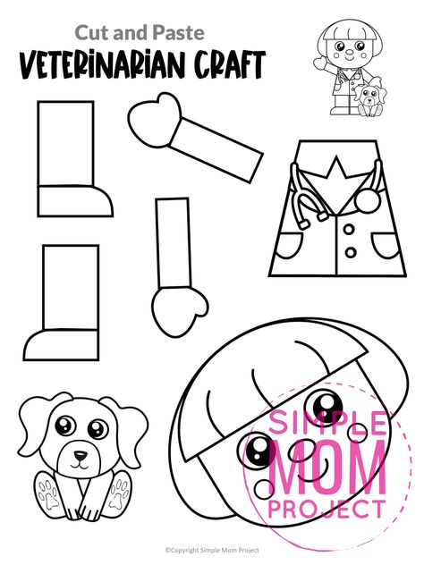 Do your kids love to pretend to play at vet clinics? Are you searching for a printable way to decorate your classroom as you have career exploration day? What about vet writing prompts? Well this preschool and kindergarten veterinarian craft is the perfect thing! Click and download your free printable veterinarian craft today! Community Helpers Veterinarian, Community Helpers Math, Safety Preschool, Community Helpers Preschool Crafts, Rainforest Crafts, Abc Countdown, Community Helpers Crafts, Simple Mom Project, Nurse Crafts