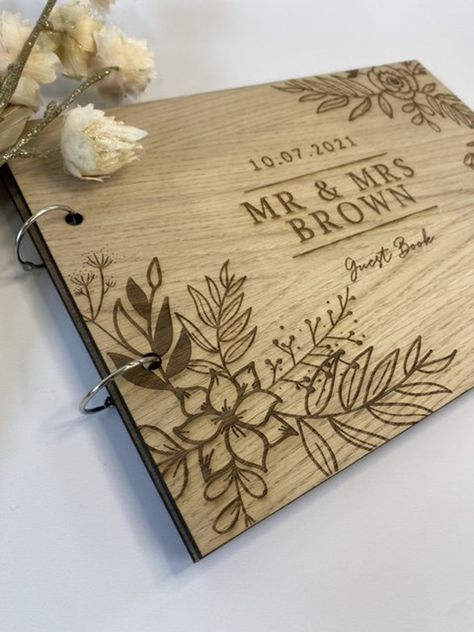 Wedding Guest Book Oak Wood Floral Wooden Engraved Photo | Etsy UK Signing Ideas, Guest Book Scrapbook, Wedding Album Cover Design, Alternative Wedding Guest Book, Wooden Wedding Guest Book, Book Scrapbook, Wood Guest Book Wedding, Wooden Guest Book, Custom Guest Book