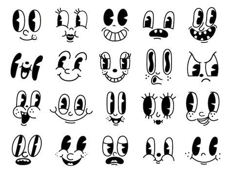 Retro 30s cartoon mascot characters funn... | Premium Vector #Freepik #vector #cartoon-smile #comic-face #cartoon-expressions #cartoon-face Smile Drawing Cartoon, Vintage Cartoon Characters, Animation Eyes, Retro Cartoon Characters, 50s Cartoon, Eye Character, 30s Cartoon, 60s Cartoons, Eyes Cartoon