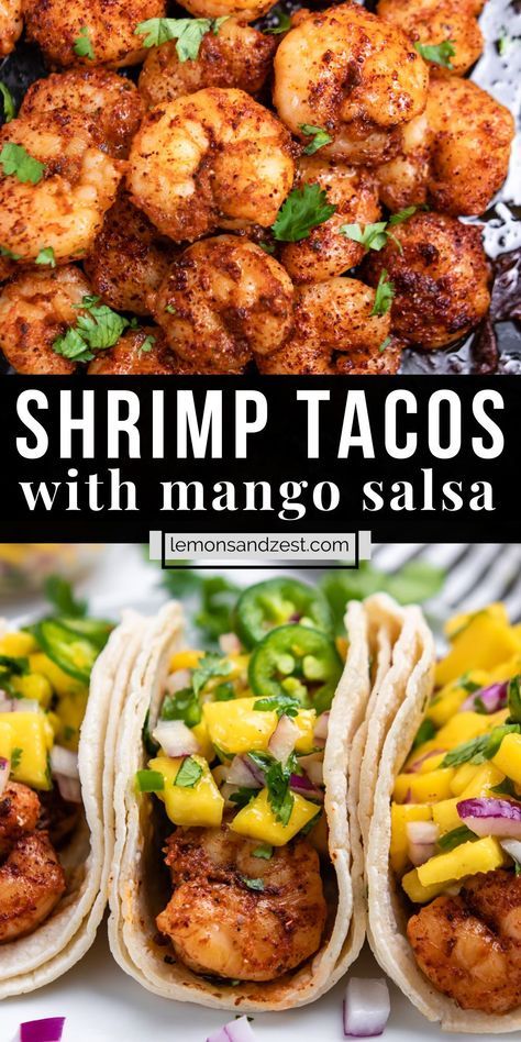 Pan-Fried Spicy Shrimp Tacos with Mango Salsa are so simple and delicious. A simple marinade with the spice level you choose and then topped with a zesty mango salsa for the perfect Taco Tuesday combo! (Or any day of the week, right?) Shrimp cooks up in under ten minutes so you have a simple and super quick dinner ready in no time! Shrimp Tacos Spicy, Simple Seafood Dinner, Grilled Shrimp With Mango Salsa, Healthy Shrimp Tacos Recipes, Shrimp Mango Salsa Recipe, Shrimp Tacos Marinade, Healthy Shrimp Taco Recipes, Mango Shrimp Recipes, Dinner Recipes When You Have No Food