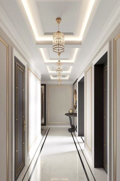 clean elegant hallway Hiasan Dalaman Rumah, Hotel Corridor, Corridor Design, Interior Ceiling Design, House Ceiling Design, Plafond Design, Ceiling Design Living Room, Hallway Designs, Ceiling Design Modern