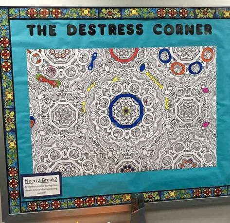 De-stress Corner Calm Down Corner Middle School, Middle School Counseling Office Decor, Inspirational Bulletin Boards For School Hallways, Counselor Classroom Decor, Breakroom Decor Ideas, Breakroom Ideas Work, Staff Bulletin Board Ideas, Counselor Classroom, High School Classroom Decor