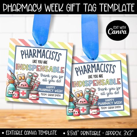 Pharmacy Week Gift Tag Template, Cute Pharmacist Appreciation Week Gift Ideas, Pharmacy Day Sign Cards Raffle, Pediatric Pharmacy Tech Gifts Pharmacy Day, Pharmacy Week, Template Editing, Template Cute, Digital Printing Services, Pharmacy Tech, Gift Tag Template, Online Digital, Tag Template