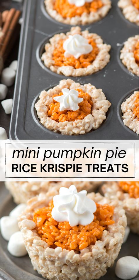 Mini pumpkin pie rice krispie treats are the perfect no bake pumpkin dessert for fall and thanksgiving! Kids and adults both love these rice krispie pumpkin treats! #pumpkinricekrispietreats #ricekrispietreats November Food Activities For Kids, Rice Krispie Treat Halloween Ideas, Cute Thanksgiving Snacks For Kids, Rice Crispy Turkey, Thanksgiving Desserts Cinnamon, Thanksgiving Dessert Finger Foods, Thanksgiving Rice Crispy Treat Ideas, Thanksgiving Popcorn Treats, Cute Desserts For Thanksgiving