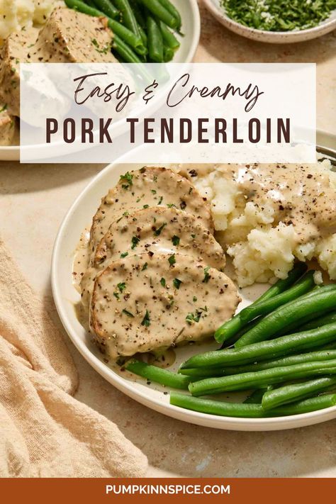 This Creamy Pork Tenderloin is tender, flavorful, and ready in less than an hour. With savory seasonings and a simple cream sauce, this easy pork recipe is a must-make for dinner! Pork Tenderloin And Gravy Recipes, Pork Tenderloin Cream Sauce, Creamy Pork Tenderloin Recipes, Sauce For Pork Tenderloin Simple, Keto Pork Tenderloin Recipes, Pork Tenderloin Soup, Pork Tenderloin Sauce, Creamy Pork Tenderloin, Keto Pork Tenderloin