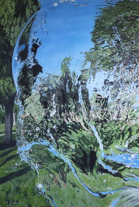 Original photorealism painting by Valeria Latorre (Italy). This oversized, one-of-a-kind oil on canvas painting measures 43W x 66 H inches. The water painting ships in a tube directly from the artist's studio and is covered by the 14-day satisfaction guarantee from Saatchi Art, so you can buy with confidence. Distortion Art, Water Dance, Hyperrealism Paintings, Reflection Art, Italy Painting, Sky Artwork, Dance Movement, Hyperrealism, Photorealism