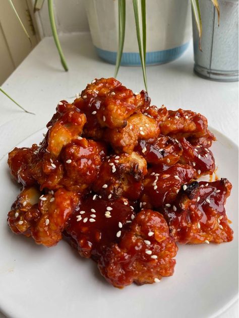 Kfc Cauliflower Recipes, Korean Style Cauliflower, Korean Fried Cauliflower Air Fryer, Vegan Korean Fried Chicken, Kfc Cauliflower, Fried Cauliflower Recipes, Korean Cauliflower, Korean Fried Cauliflower, Popcorn Cauliflower