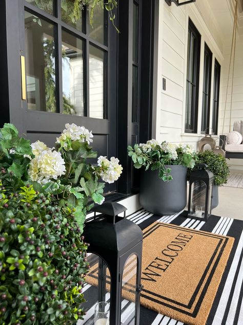 HOXCIK Black and White Outdoor … curated on LTK Front Door Decor Black And White, Entrance Pots Front Entry, Black And White Back Porch Ideas, Black And White Porch Decor, Black And White Front Porch Decor, Entrance Plants Outdoor, White House Black Porch, Black And White Porch Ideas, Front Porch Black And White