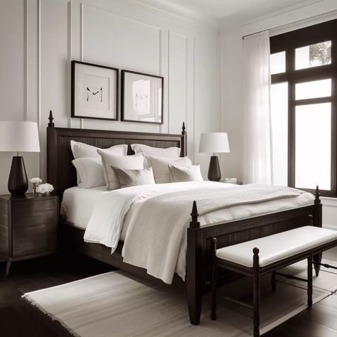 Master Bedrooms Decor With Dark Floors, Dark Bedroom Wood Furniture, Primary Bedroom Dark Floors, Cherry Brown Bedroom Furniture, Bright Bedroom With Dark Furniture, Bedroom Inspirations Master With Dark Furniture, Brown Wood Bed Frame Bedroom Ideas, Dark Bedroom Furniture Ideas, Room Inspo Dark Wood