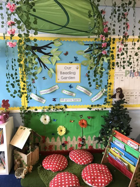 Fairy Garden Classroom Ideas, Nursery Reading Corner Eyfs, Garden Theme Reading Corner, Classroom Garden Theme Decor, Fairy Garden Theme Classroom, Pre K Classroom Nature Theme, Classroom Fairy Garden, Earth Theme Decoration, Classroom Garden Ideas