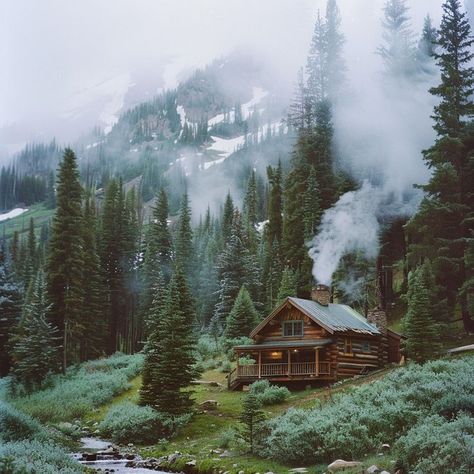 Serene wooden cabin in a pine forest with misty mountains in the background, creating a tranquil atmosphere - perfect nature escape Outdoors Moodboard, Summer Camp Cabins, Pacific Northwest House, Cabin In The Woods Aesthetic, Pnw Vibes, Woods Cabin, Nature Escape, Snowy Cabin, Forest Lodge