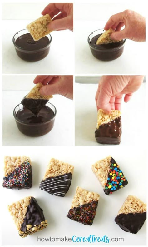 Learn how to dip rice krispie treat bars in chocolate before adding fun toppings like confetti sprinkles, edible glitter, or a white chocolate drizzle. Tutorial at HowToMakeCerealTreats.com. #cerealtreats #ricekrispies #ricecrispytreats Dipped Rice Krispie Treats, Rice Toppings, Chocolate Dipped Rice Krispie Treats, Chocolate Rice Krispie Treats, Chocolate Dip, Treat Bar, Krispie Treats Recipe, Cereal Treats, Rice Crispy Treats