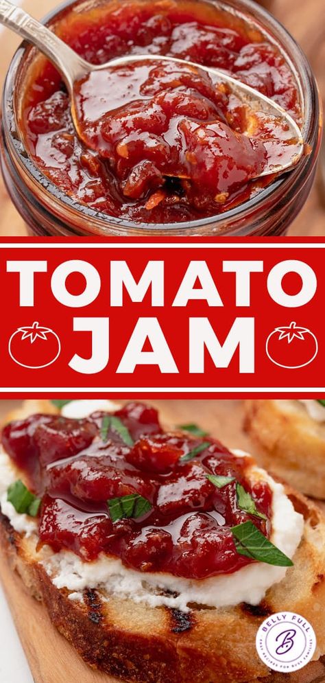 Easy Tomato Jam - Belly Full Preserved Tomatoes Recipes, Homemade Tomato Sauce With Cherry Tomatoes, Easy Tomato Jam, Tomato Jam With Cherry Tomatoes, Tomato Garden Recipes, Tomato Jelly Recipe Canning, Tomato Pepper Jelly, Canned Tomato Jam, Roasted Tomato Jam Recipe