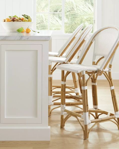 Serena and Lily Riviera Counter Stool Review - The Best Stools! - Parisian Bistro Chairs, White Counter Stools, French Bistro Chairs, Rattan Counter Stools, Rattan Bar, Parisian Bistro, Bar Counter Stools, Designer Bar Stools, Stools For Kitchen Island