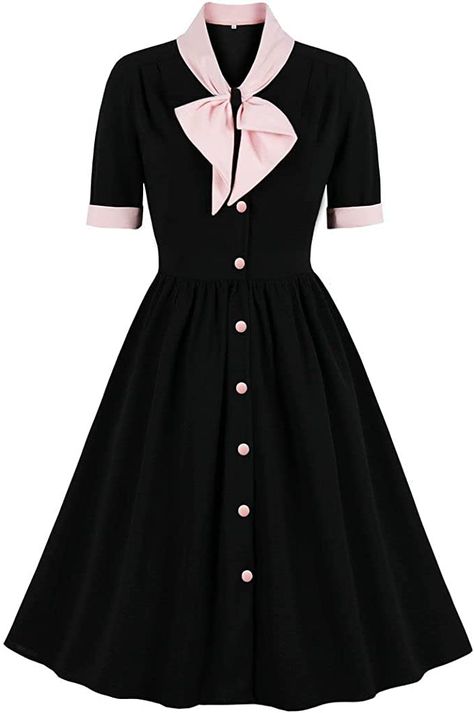 Amazon.com: Vintage Women 1940s Bow Tie Neck Dress Retro 40s 50s Button Up Business Work A-line Cocktail Dresses : Clothing, Shoes & Jewelry Short Sleeve Prom Dresses, Retro Mode, Rockabilly Dress, Vintage Short, Black Knees, Vintage Mode, Prom Dresses With Sleeves, Polyester Dress, Vestido Casual