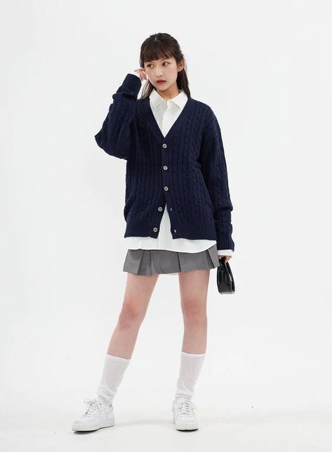 Cable Knit Relaxed Fit Cardigan C7102 - Lewkin Lewkin Clothing, Cute Female Outfits, Cardigan Shirt Outfit, Streetwear Fashion Japan, Lewkin Outfit, Blue Brown Outfit, Knit Shirt Outfit, Korean Wardrobe, T Shirt Over Long Sleeve Outfit