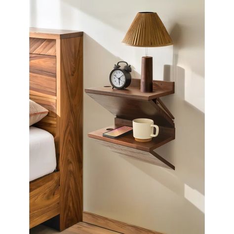 Ebern Designs Bisma Floating Nightstand 2 Piece Set, Z-Shape Walnut Wood Floating Bedside Tables for Bedroom | Wayfair Floating Bedside Tables, Wall Mounted Nightstand, Mounted Nightstand, Floating Bedside Table, Bedside Shelf, Nightstand Set, Warm Bedroom, Nightstand Set Of 2, Small Bedside Table