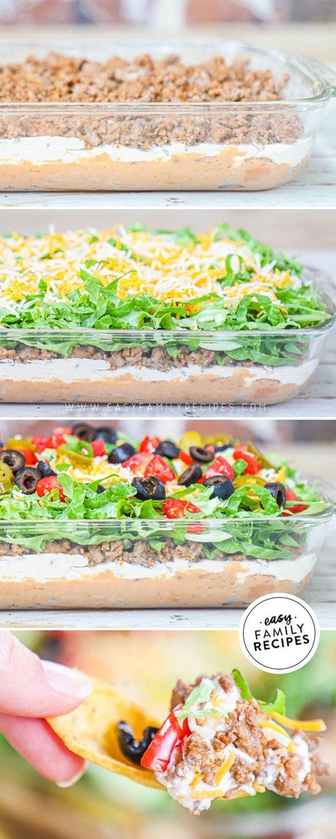 Taco Dip With Meat, Taco Dip Easy, Appetizers Easy Dips, Layered Taco Dip, Taco Dip Recipe, Frijoles Refritos, Taco Dip, Meat Appetizers, Snacks Für Party