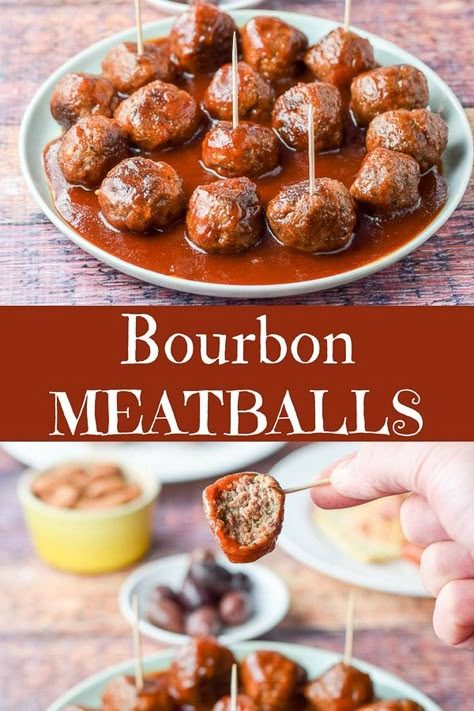 These bourbon meatballs are so delicious! You can either have them as an appetizer or your main meal. The delicious boozy taste compliments the meatballs! #meatballs #bourbon #appetizer #dishesdelish Snacks For Meat Raffle, Kentucky Bourbon Meatballs, Kentucky Derby Meatballs, Food For Bourbon Tasting Party, Bourbon Themed Food, Bourbon Bbq Meatballs, Kentucky Derby Bourbon Meatballs, Kentucky Appetizers, Speakeasy Party Food Appetizers