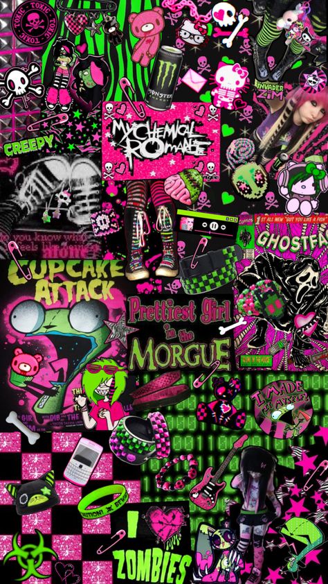 scenecore shuffle🖤 #scene #scenecore #emo #scenekid #scenemo #green #pink #2000s #scenequeen #emocore Emocore Wallpaper, Scene Kid Wallpaper, Scenecore Wallpaper, Scene Core Wallpaper, Pink 2000s, Scene Emo Art, Scene 2000s, Scenecore Art, 2000s Wallpaper